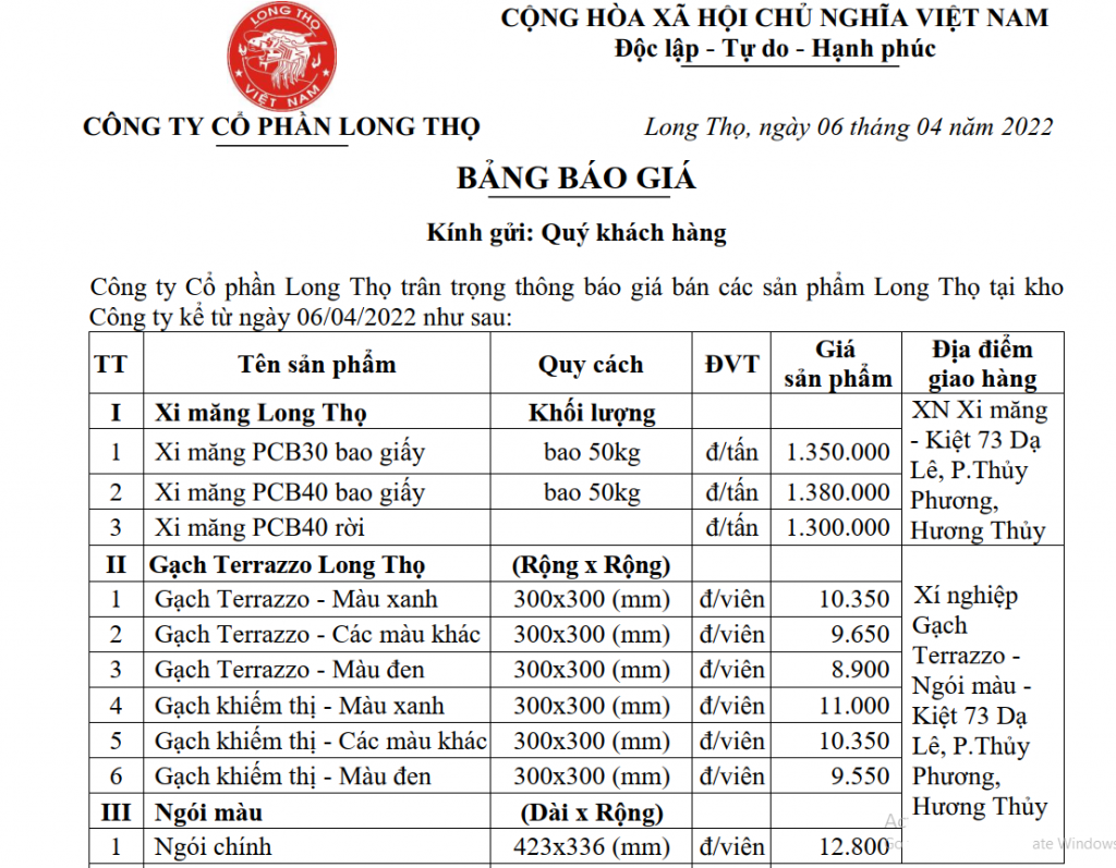 Thông báo giá sản phẩm Long Thọ tháng 04.2022