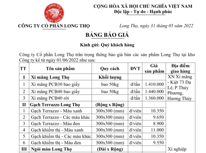 Thông báo giá sản phẩm Long Thọ tháng 06.2022