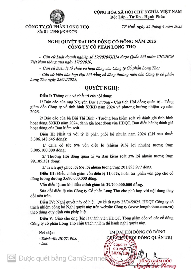 THÔNG BÁO CÔNG TY CỔ PHẦN LONG THỌ